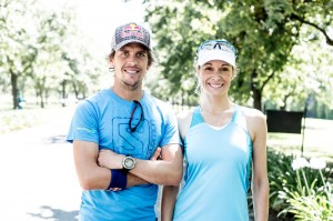 Ryan Sandes and Vanessa Haywod pose for a portrait during a training run on the Wings For Life World Run route in Franschhoek, Cape Town South Africa on the 27th December, 2013.